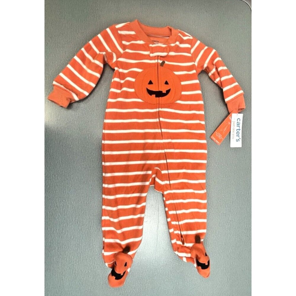 Carters Romper Baby Halloween Footed Orange Stripe Pumpkin Face Fleece Zipper 3M